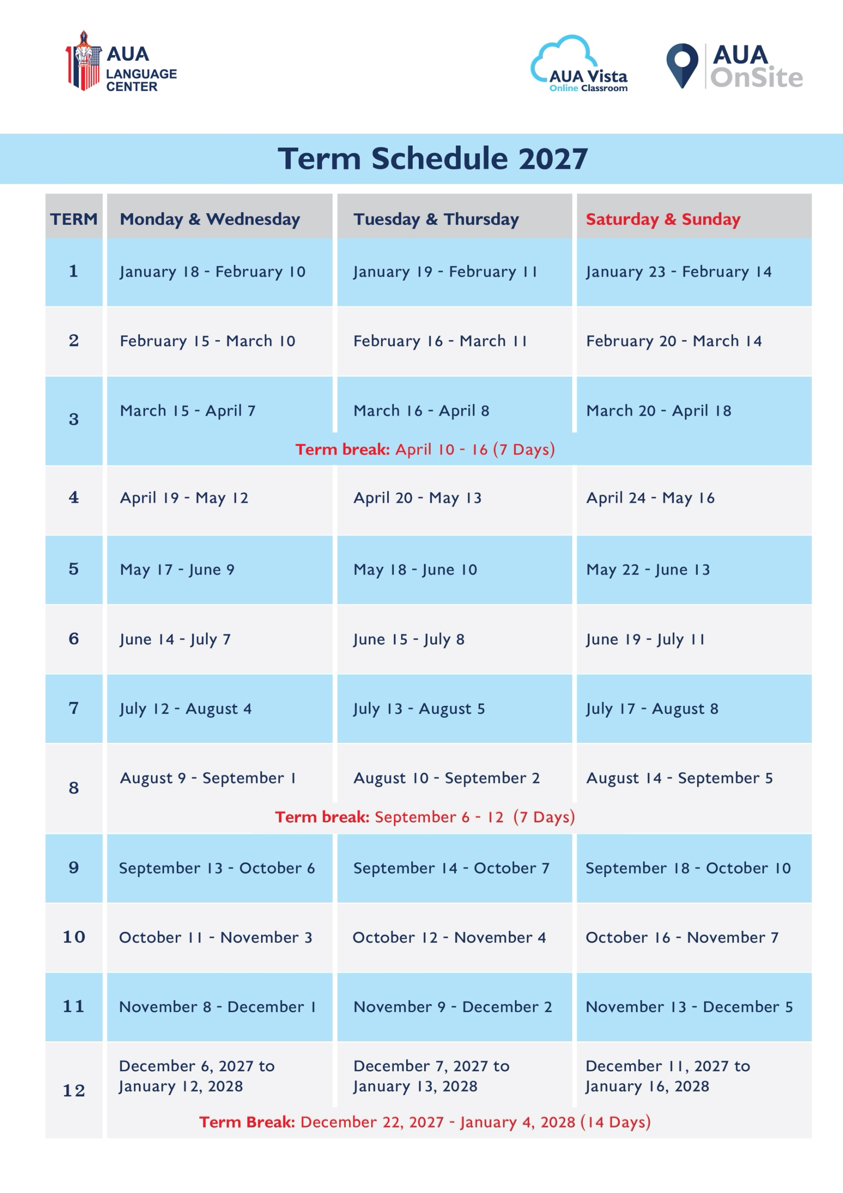 Term Schedule 2027 online& onsite สาขาอุดรธานี